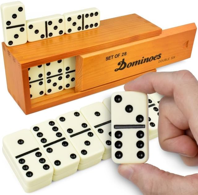 Queensell Dominos Set for Adults with 4 Domino Racks - Double 6 Dominoes Set with Domino Holder, Classic Board Games for Kids and Adults - Double Six Standard Dominos Set 28 Tiles with Travel Case