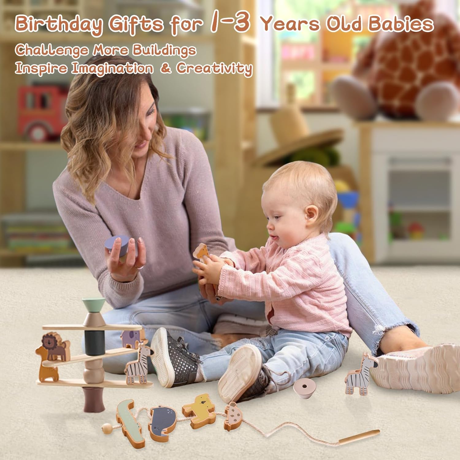 Wooden Animals Threading Toys Lacing Beads for Toddlers 2 3 4 5 Years Old, Stacking Blocks Balance Toy, Educational Preschool Learning Toy, Montessori Activities for Boys & Girls
