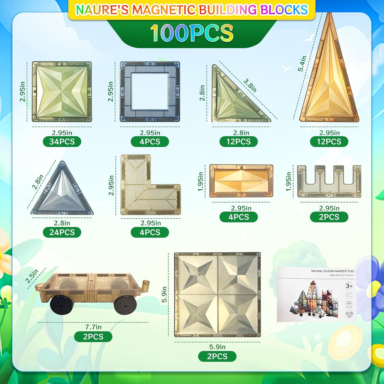 100PCS Magnetic Tiles Montessori Toys Magnetic Blocks Kids Games STEM Classroom Educational Learning Sensory Magnet Natural Toy for Toddler Boys Girls 3+ Year Old with 2 Cars