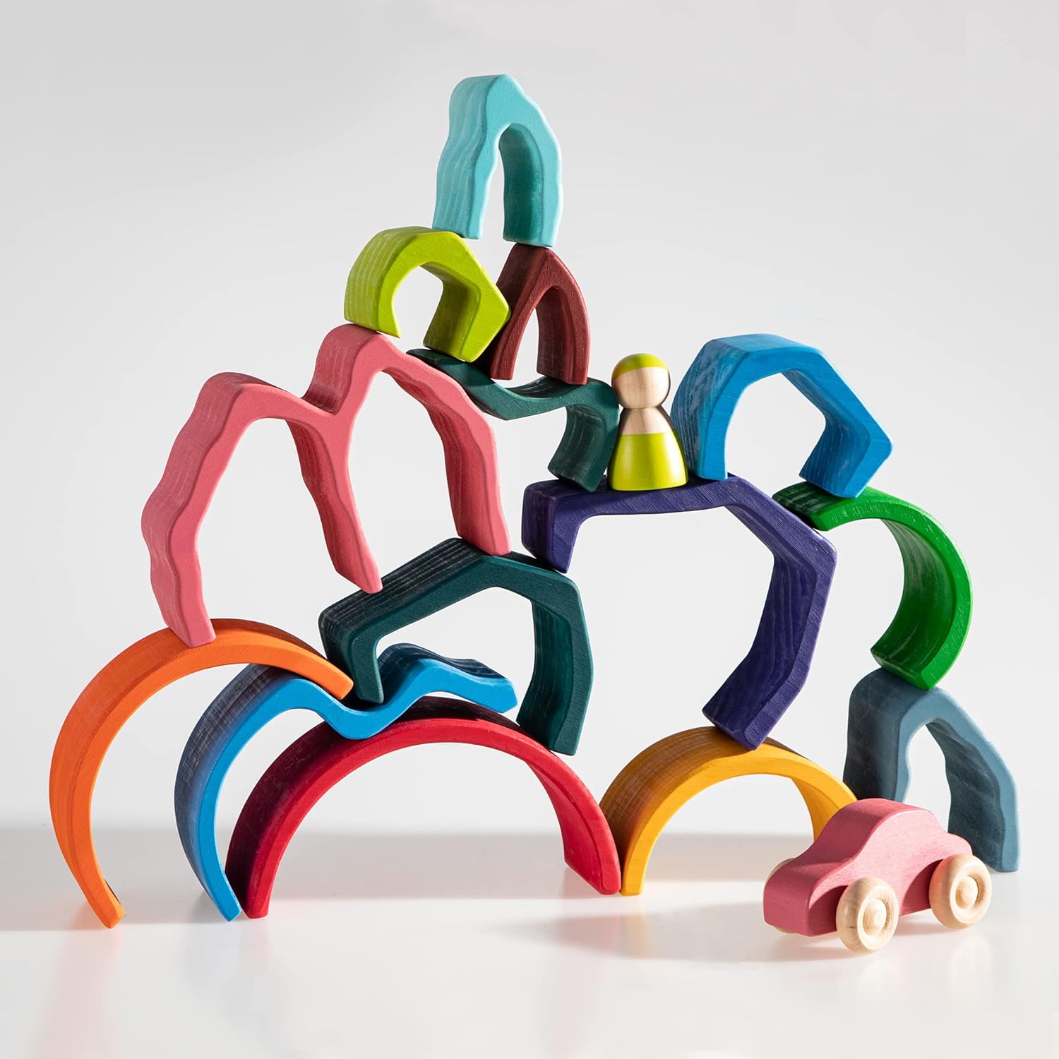 Wooden Rainbow Stacking Toy, Water Wave Elements Wooden Stacker, Various Shapes Nesting Stacking Blocks, Waldorf & Montessori Open-Ended Education Toy for Kids/Toddlers
