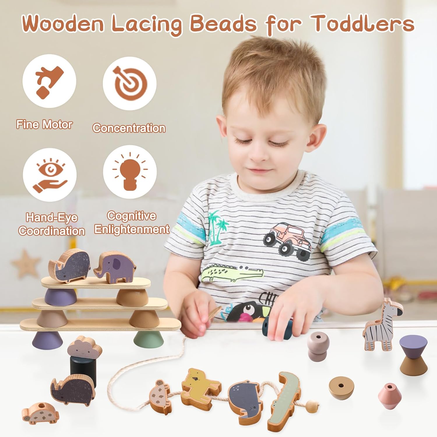 Wooden Animals Threading Toys Lacing Beads for Toddlers 2 3 4 5 Years Old, Stacking Blocks Balance Toy, Educational Preschool Learning Toy, Montessori Activities for Boys & Girls