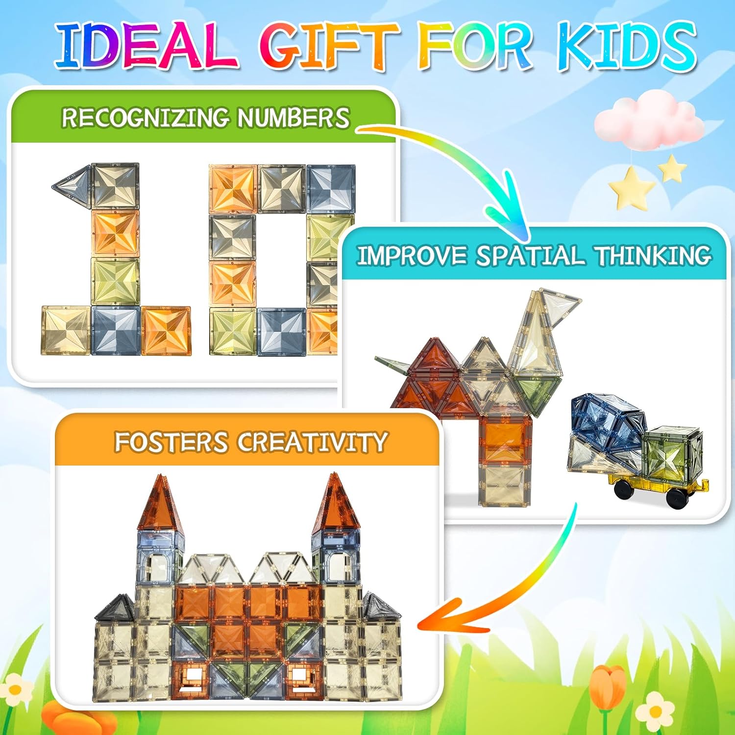 100PCS Magnetic Tiles Montessori Toys Magnetic Blocks Kids Games STEM Classroom Educational Learning Sensory Magnet Natural Toy for Toddler Boys Girls 3+ Year Old with 2 Cars