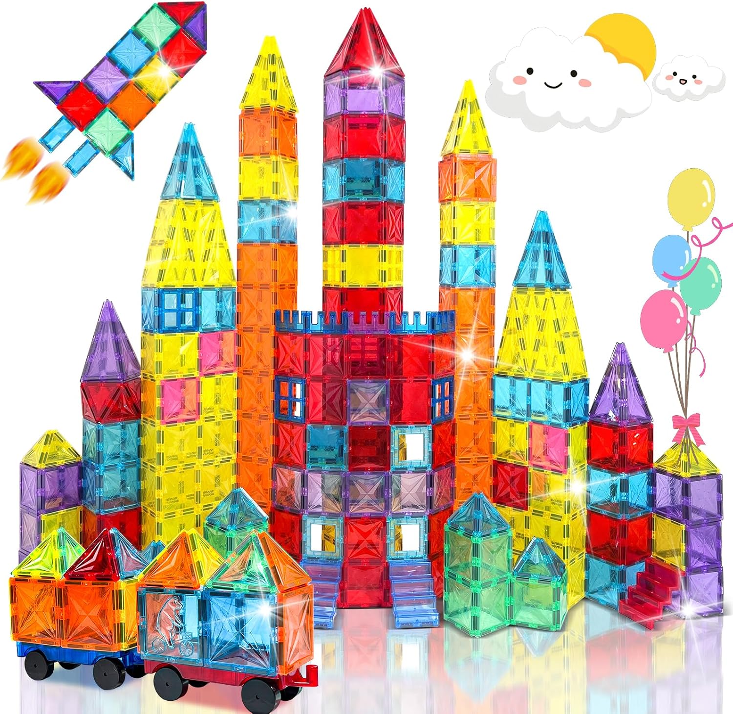 100PCS Magnetic Tiles Montessori Toys Magnetic Blocks Kids Games STEM Classroom Educational Learning Sensory Magnet Natural Toy for Toddler Boys Girls 3+ Year Old with 2 Cars