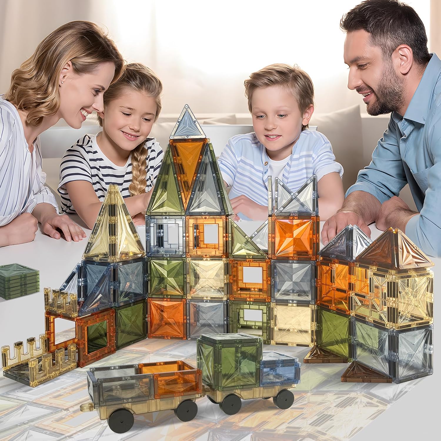 100PCS Magnetic Tiles Montessori Toys Magnetic Blocks Kids Games STEM Classroom Educational Learning Sensory Magnet Natural Toy for Toddler Boys Girls 3+ Year Old with 2 Cars