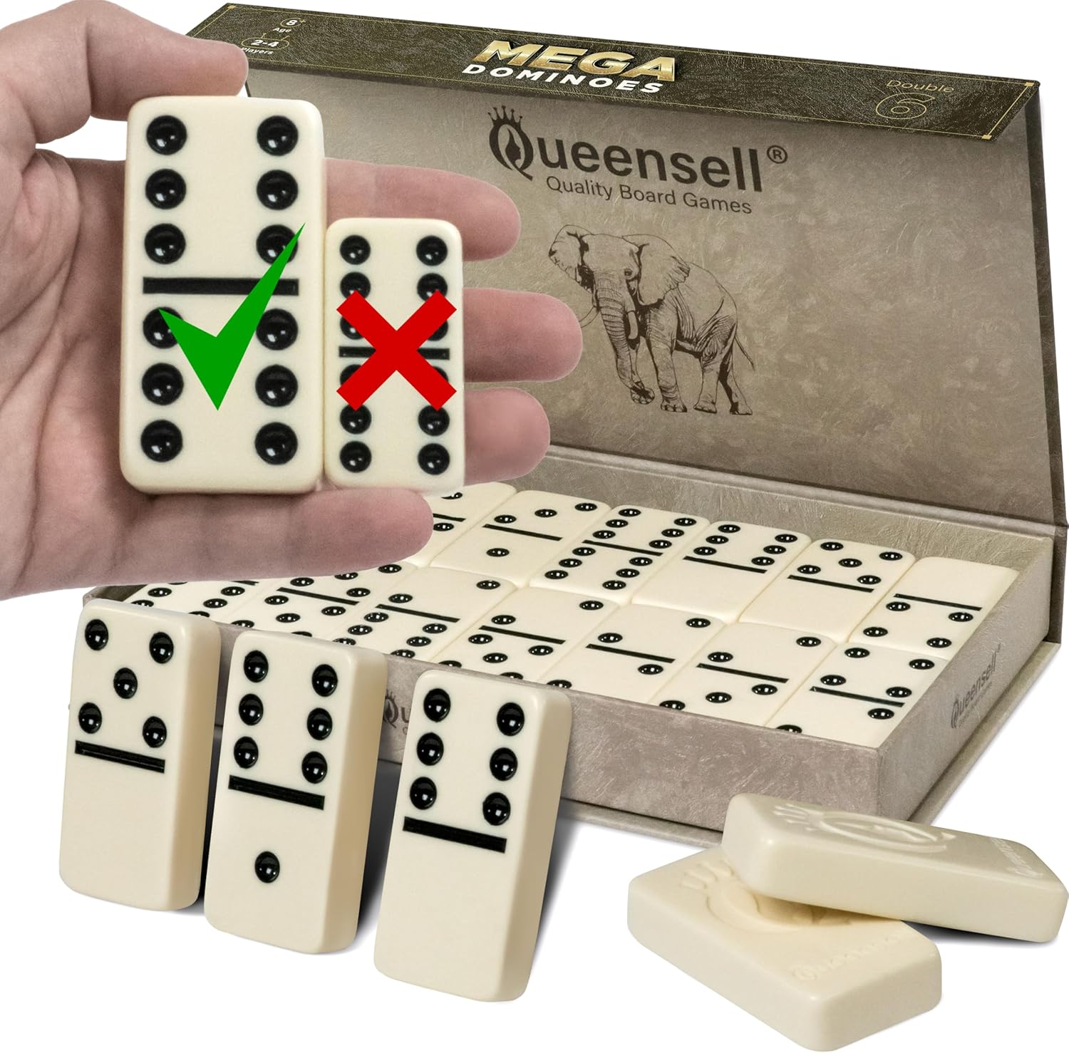 Queensell Dominos Set for Adults with 4 Domino Racks - Double 6 Dominoes Set with Domino Holder, Classic Board Games for Kids and Adults - Double Six Standard Dominos Set 28 Tiles with Travel Case