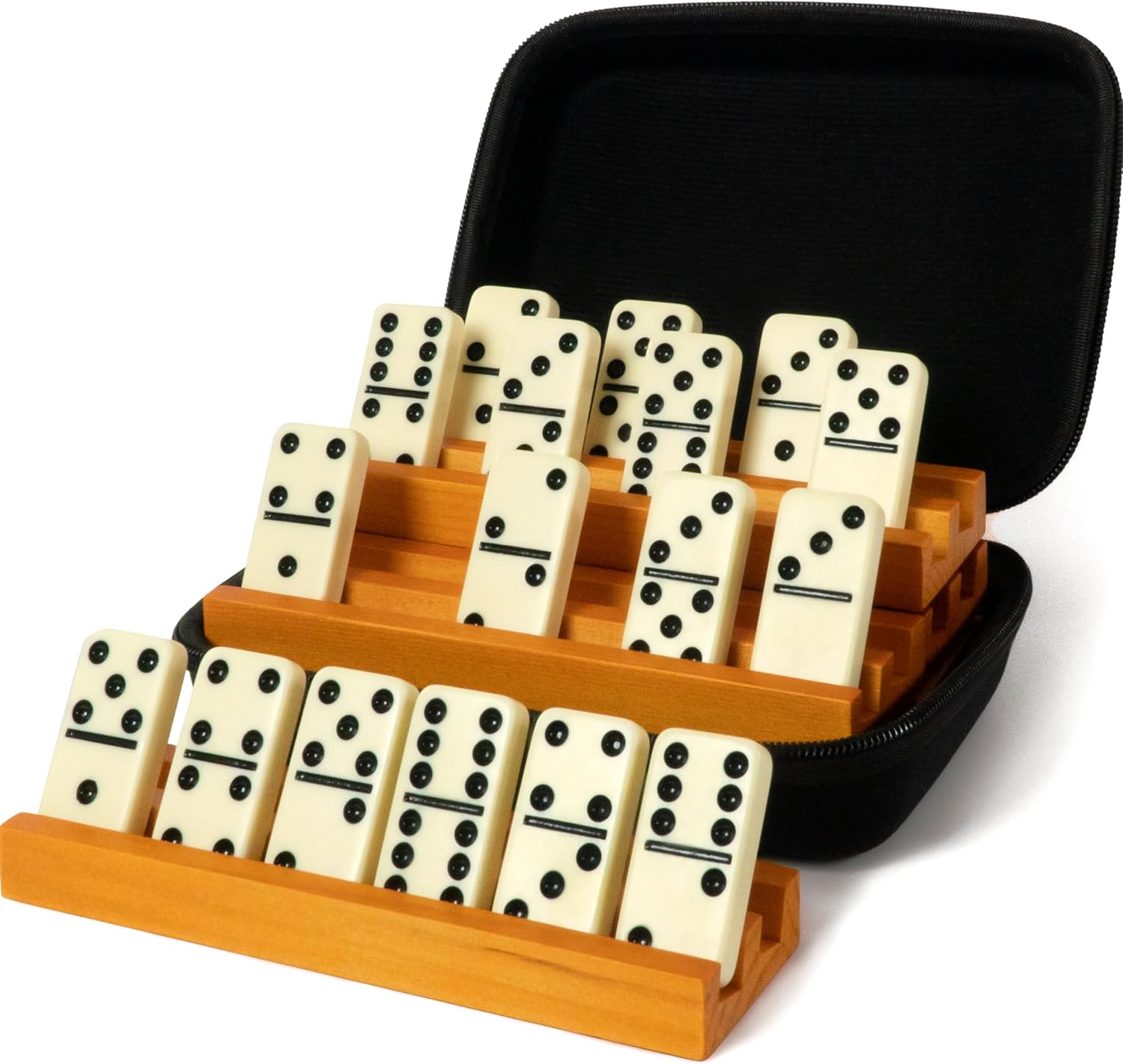 Queensell Dominos Set for Adults with 4 Domino Racks - Double 6 Dominoes Set with Domino Holder, Classic Board Games for Kids and Adults - Double Six Standard Dominos Set 28 Tiles with Travel Case