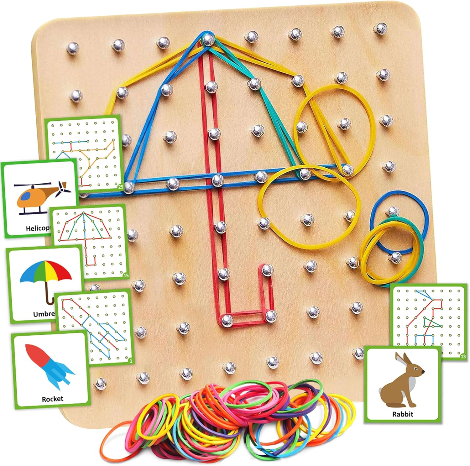Panda Brothers Wooden Geoboard - Montessori Toys for 3 4 5 Year Old Kids and Toddlers, Educational Toy with 30 Pattern Cards and 40 Rubber Bands to Create Figures, Brain Teaser STEM Toy Geo Board